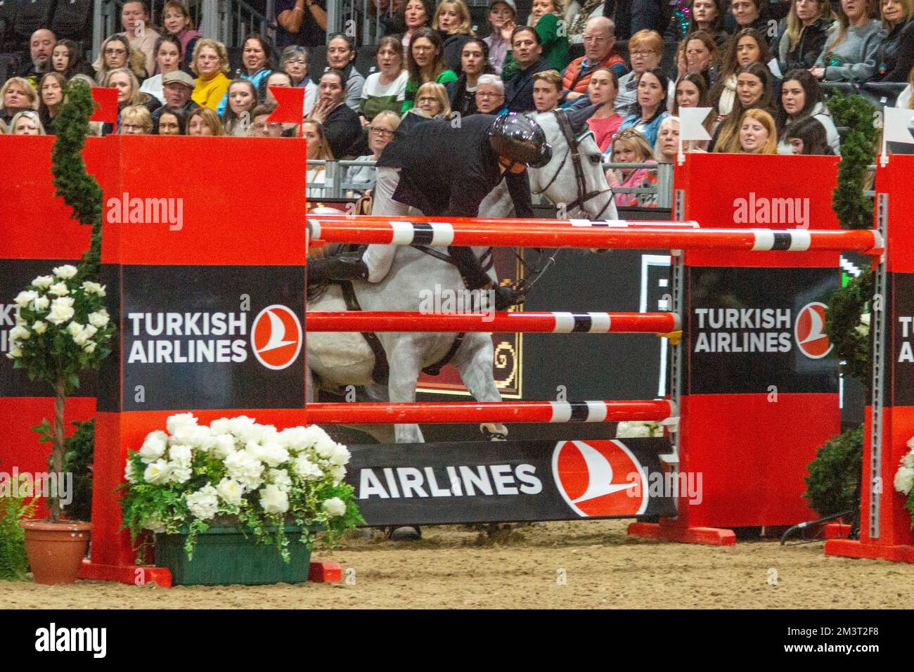 London, UK. 16th Dec, 2022. Horse unseats rider at London International