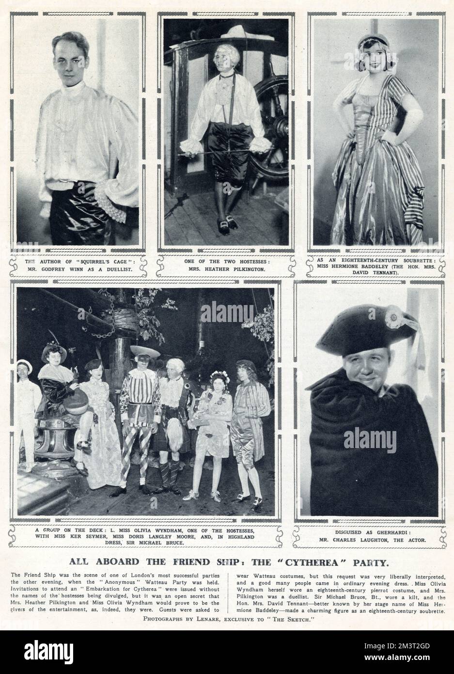 Page from The Sketch reporting on an anonymous Watteau party in fact arranged by Heather Pilkington and Olivia Wyndham. Attendees, who were instructed to 'embark on the Cytherea' include actor Charles Laughton, author Godfrey Winn, Hermione Baddeley (Mrs David Tennant), photograph Barbara Ker Seymer, Doris Langley Moore and Sir Michael Bruce. Stock Photo