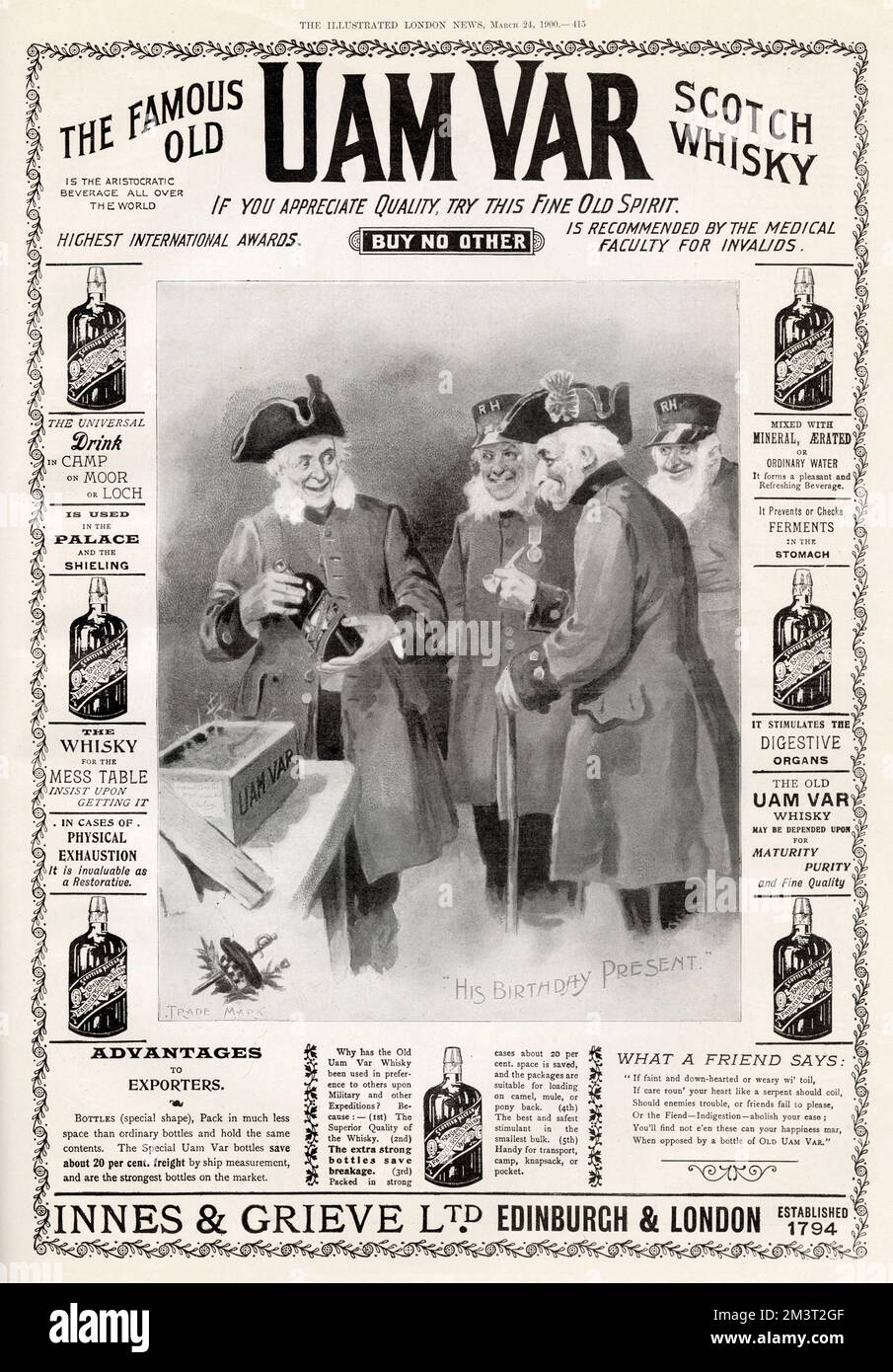 The Famous Old Uam Var Scotch Whisky. Advert featuring a birthday among the Chelsea Pensioners. Stock Photo