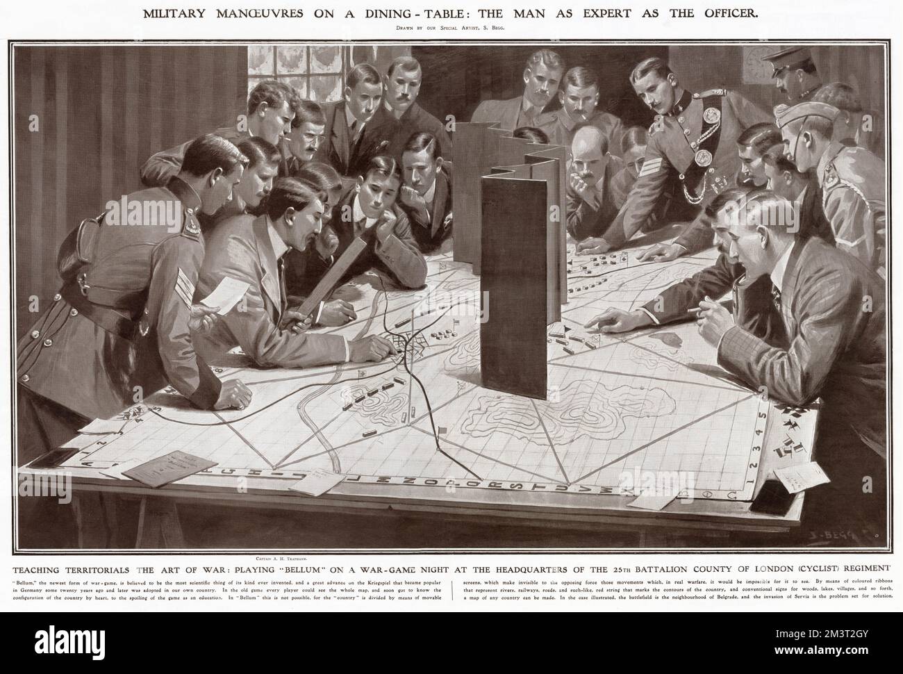 Military Manoeuvres on a Dining Table: The Man as expert as the Officer. Playing 'Bellum' on a War Game Night at the Headquarters of the 25th Battalion County of London (Cyclist) Regiment. The screen hides the tactics of the rival 'teams' - here the board/map is set to show the outskirts of Belgrade, Serbia.     Date: 1909 Stock Photo