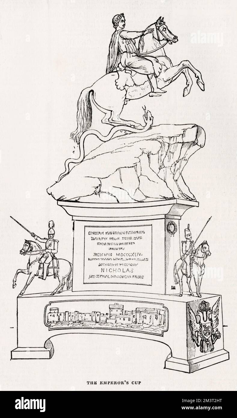 Amongst the Ascot prizes for 1845 is the Emperor's Cup, a gift of the Emperor of Russia on his 1844 visit to Queen Victoria. It is a reduced copy, in silver, of the statue of Peter the Great by Falconetti in St Petersburgh. The silver one has been modelled and cast at the establishment of Hunt and Roskill under the superintendence of Mr Baily, the Royal Academician.     Date: 1845 Stock Photo