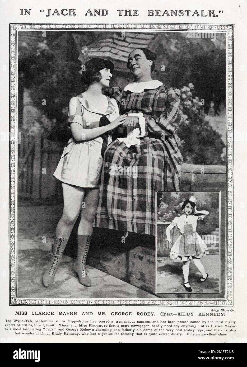 George Robey and Clarice Mayne as Dame Trot and Jack in the 1921-2 pantomime, Jack and the Beanstalk at the London Hippodrome. Inset picture shows child actor, Kiddy Kennedy. Stock Photo