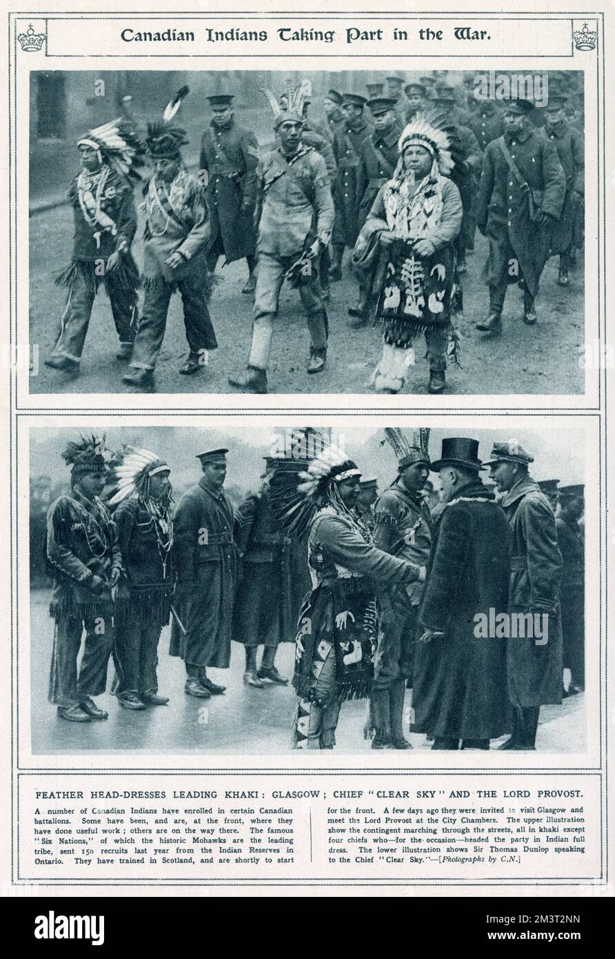 Canadian Indians in traditional dress taking part in the war. Stock Photo