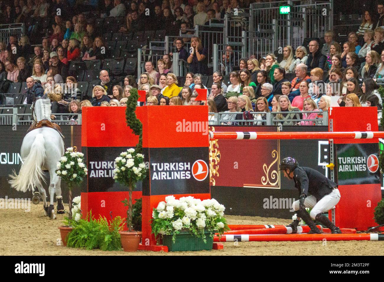 London, UK. 16th Dec, 2022. Horse unseats rider at London International