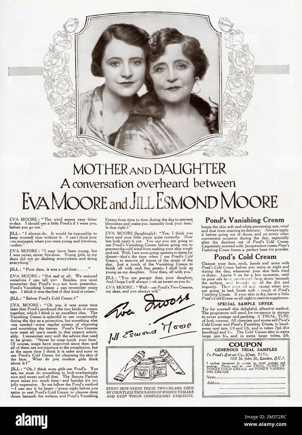 Advertisement for Pond's Creams featuring a conversation between Eva Moore and Jill Esmond Moore. Stock Photo