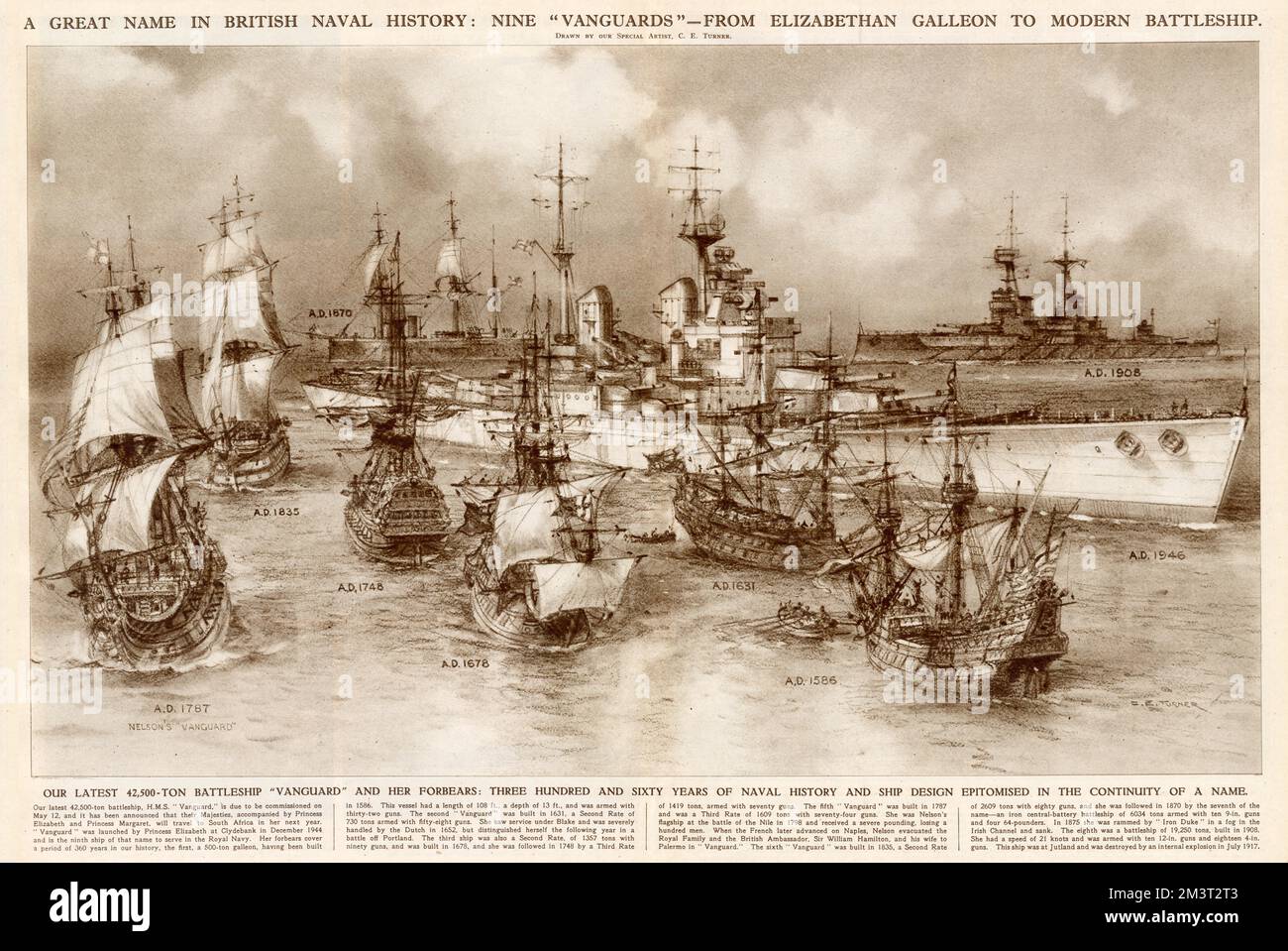 A Great name in British Naval History - The Nine Royal Navy vessels to bear the name Vanguard (1586-1946). Stock Photo