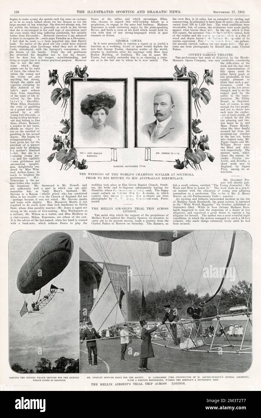 The Wedding of the World Champion Sculler Mr George Towns to Miss Amy Roslyn Harding at Southsea, prior to Towns' return to his native Australia. Below is the Mellin Airship's Trial Trip across London, leaving the grounds of the Crystal Palace, flown by Mr Stanley Spencer. Stock Photo