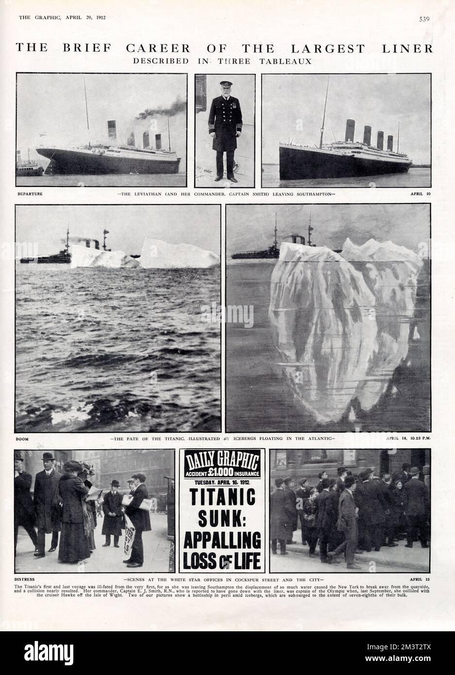 The brief career of the largest liner, described in three tableaux. Departure of the Titanic from Southampton on 10th April 1912; doom - the fate of the Titanic illustrated by icebergs floating in the Atlantic on 14th April; distress - scenes at the White Star offices in Cockspur Street and the City. Stock Photo