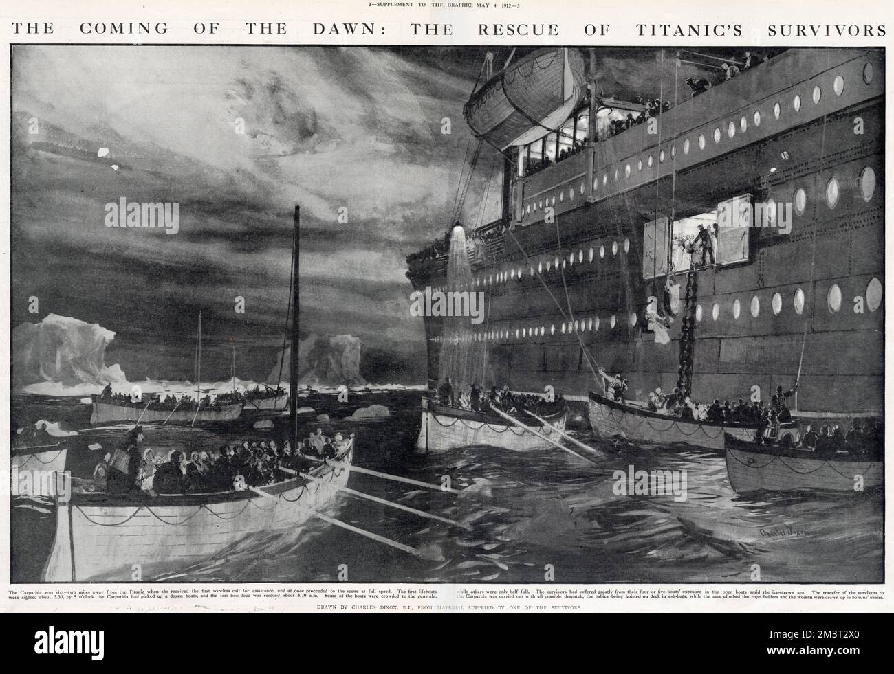 The coming of the dawn: the rescue of Titanic's survivors. The Carpathia helps the occupants of the Titanic lifeboats who had four or five hours' exposure in the open boats in the ice-strewn sea. The babies were hoisted on deck in ash-bags, while the men climbed the rope ladders and the women were drawn up in bo'suns' chairs. Stock Photo