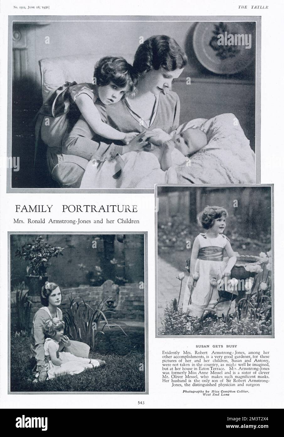 Family portraiture. Mrs Ronald Armstrong-Jones and her children, Susan and Antony, at her house in Eaton Terrace. Mrs Armstrong-Jones was formerly Miss Anne Messel, sister of Oliver Messel, the stage designer.     Date: 1930 Stock Photo