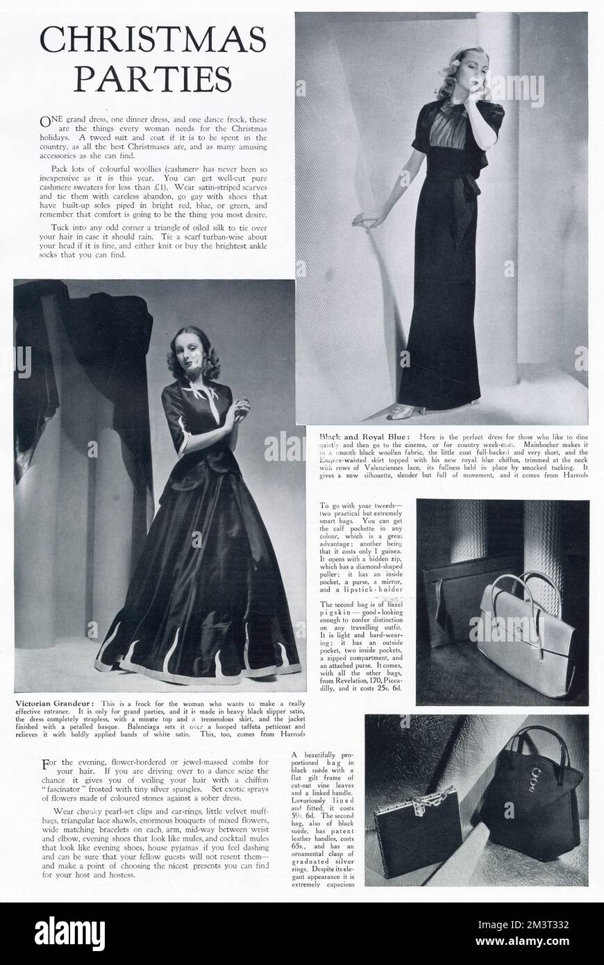 A frock for grand parties by Balenciaga of heavy black, slipper satin. The dress is strapless with a minute top and tremendous skirt. The over jacket is finished with a petalled basque. The skirt, worn over a hopped taffeta petticoat, has boldly applied white satin. Stock Photo