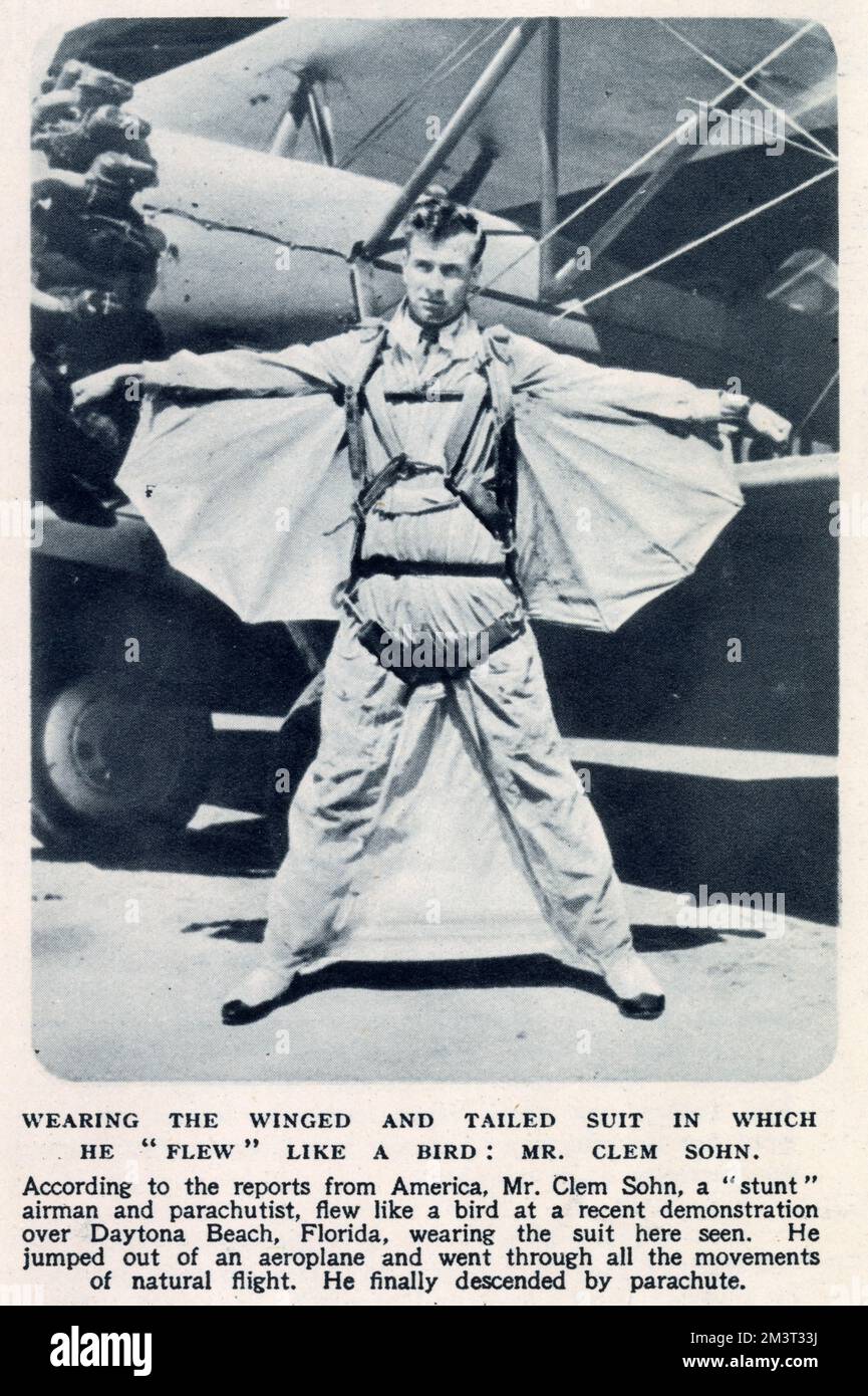Stuntman Clem Sohn pictured in his winged and tailed suit in which he jumped out of an aeroplane and 'flew' like a bird some distance over Daytona Beach before descending by parachute. Stock Photo