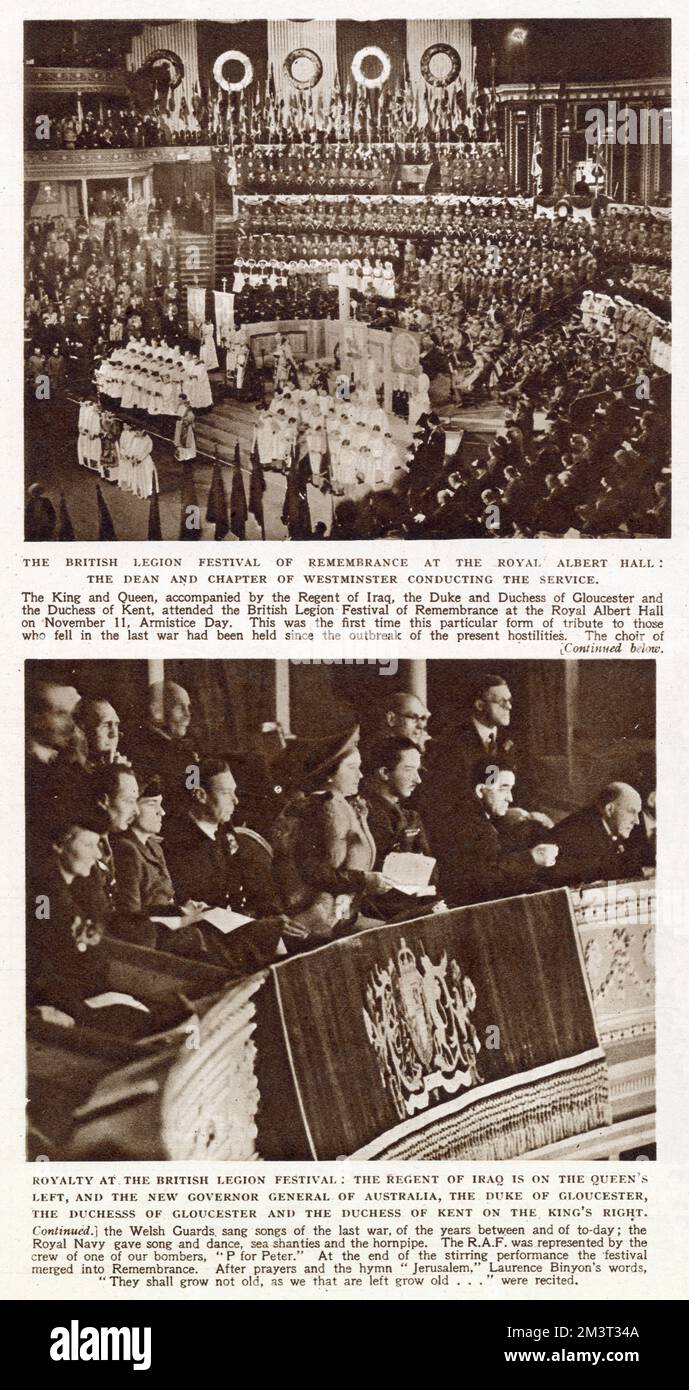 The Dean and Chapter of Westminster conducting the service at The British Legion's Festival of Remembrance held at the Royal Albert Hall, London. In the image below, King George VI and Queen Elizabeth are joined in the Royal Box by the Regent of Iraq (on the Queen's left), The Governor Genral of Australia, The Duke and Duchess of Gloucester and The Duchess of Kent (on the King's right). Stock Photo