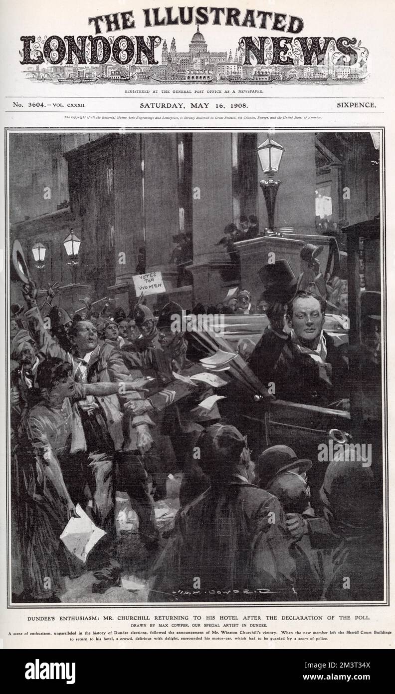 Winston Churchill, his car surrounded by rejoicing crowds, returns to his hotel after winning the Dundee by-election in 1908. Note the Votes for Women placard in the background. Stock Photo