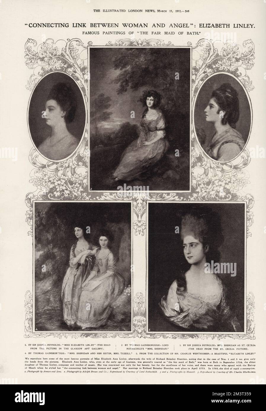 Connecting link between woman and angel: Miss Elizabeth Ann Linley, afterwards the wife of Richard Brinsley Sheridan - famous paintings of 'The Fair Maid of Bath'. (top row from left): by Sir Joshua Reynolds 'Miss Elizabeth Linley' (the head from the picture in the Glasgow Art Gallery), by Thomas Gainsborough, Lord Rothschild's 'Mrs Sheridan', by Sir Joshua Reynolds, Mrs Sheridan as Saint Cecilia (the head from the St. Cecilia picture) (bottom row from left): by Thomas Gainsborough, 'Mrs Sheridan and her sister Mrs Tickell' and finally, from the collection of Mr Charles Wertheimer, a beautifu Stock Photo