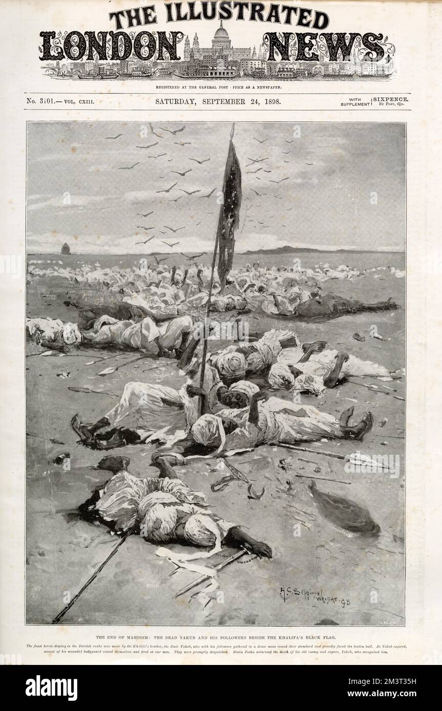 The end of Mahdism - the dead Yakur and his followers beside the Khalifa's black flag. The Mahdist War was a war between the Mahdist Sudanese of the religious leader Muhammad Ahmad bin Abd Allah, who had proclaimed himself the 'Mahdi' of Islam (the 'Guided One'), and the forces of the Khedivate of Egypt, initially, and later the forces of Britain. Eighteen years of war resulted in the nominally joint-rule state of the Anglo-Egyptian Sudan (1899??1956), a de jure condominium of the British Empire and the Kingdom of Egypt in which Britain had de facto control over the Sudan. The Sudanese launche Stock Photo