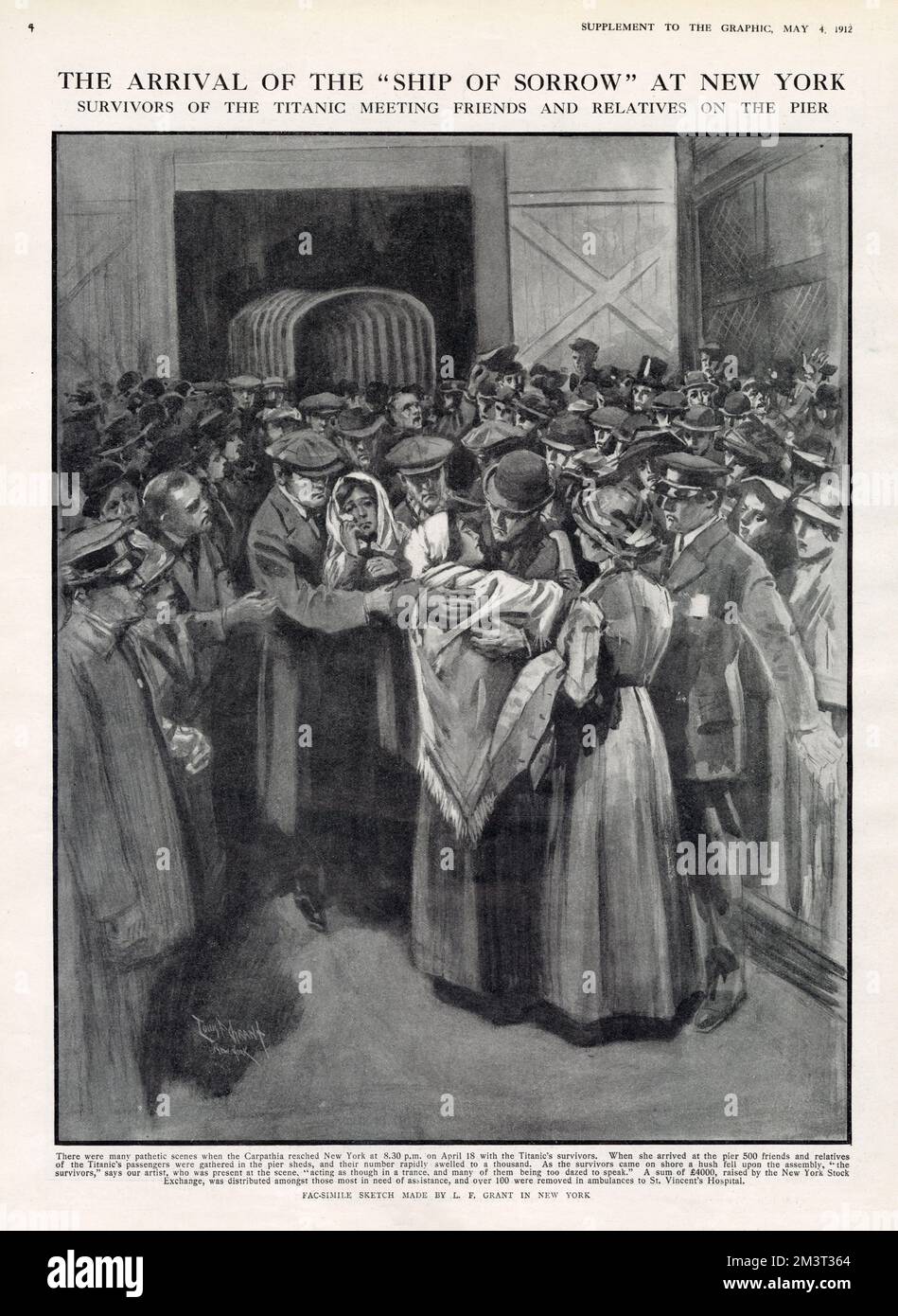 The arrival of the 'Ship of Sorrow' at New York. Survivors of the Titanic meeting friends and relatives on the pier. The Carpathia reached New York, USA, at 8.30pm on 18th April with the Titanic's survivors. When she arrived at the pier 500 friends and relatives of the Titanic's passengers were gathered in the pier sheds, and their number rapidly swelled to a thousand. As the survivors came on shore a hush fell upon the assembly. Over 100 survivors were taken in ambulances to St Vincent's Hospital. Stock Photo