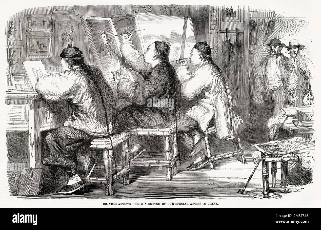 Chinese artists at work in a studio in Hong Kong. From left, one artist is painting a miniature from a daguerrotype. The middle man is enlarging a picture to produce a portrait in oils, while the third is painting a view of Hong Kong for 'some merchant captain'. The ILN comments how, 'their forte is copying minatures from photographs; this they do to perfection, having been taught by Europeans.' Stock Photo
