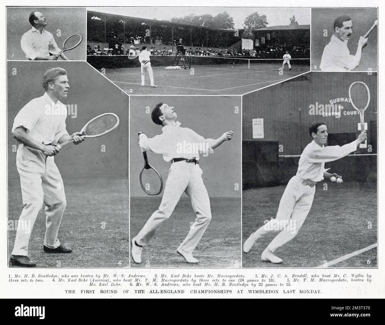 The First Round of the All England Championships at Wimbledon. (from top left): 1. Mr H Routledge 2, Karl Behr beats Theodore Michel Mavrogordato 3. J C S Rendall 4. Karl Behr (who survived of the sinking of the RMS Titanic) 5. Theodore Michel Mavrogordato 6. W S Andrews Stock Photo