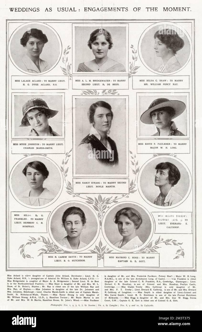Weddings as Usual - Engagements of the Moment. Page of young women getting married in August 1915 including, right hand side, third from the top, Gladys Treeby who married Lieut. Everard E. Calthrop on 3 August 1915. Gladys Calthrop would become a talented theatre and costume designer, best known for her close collaboration and friendship with Noel Coward, designing the sets for most of his stage plays. Stock Photo