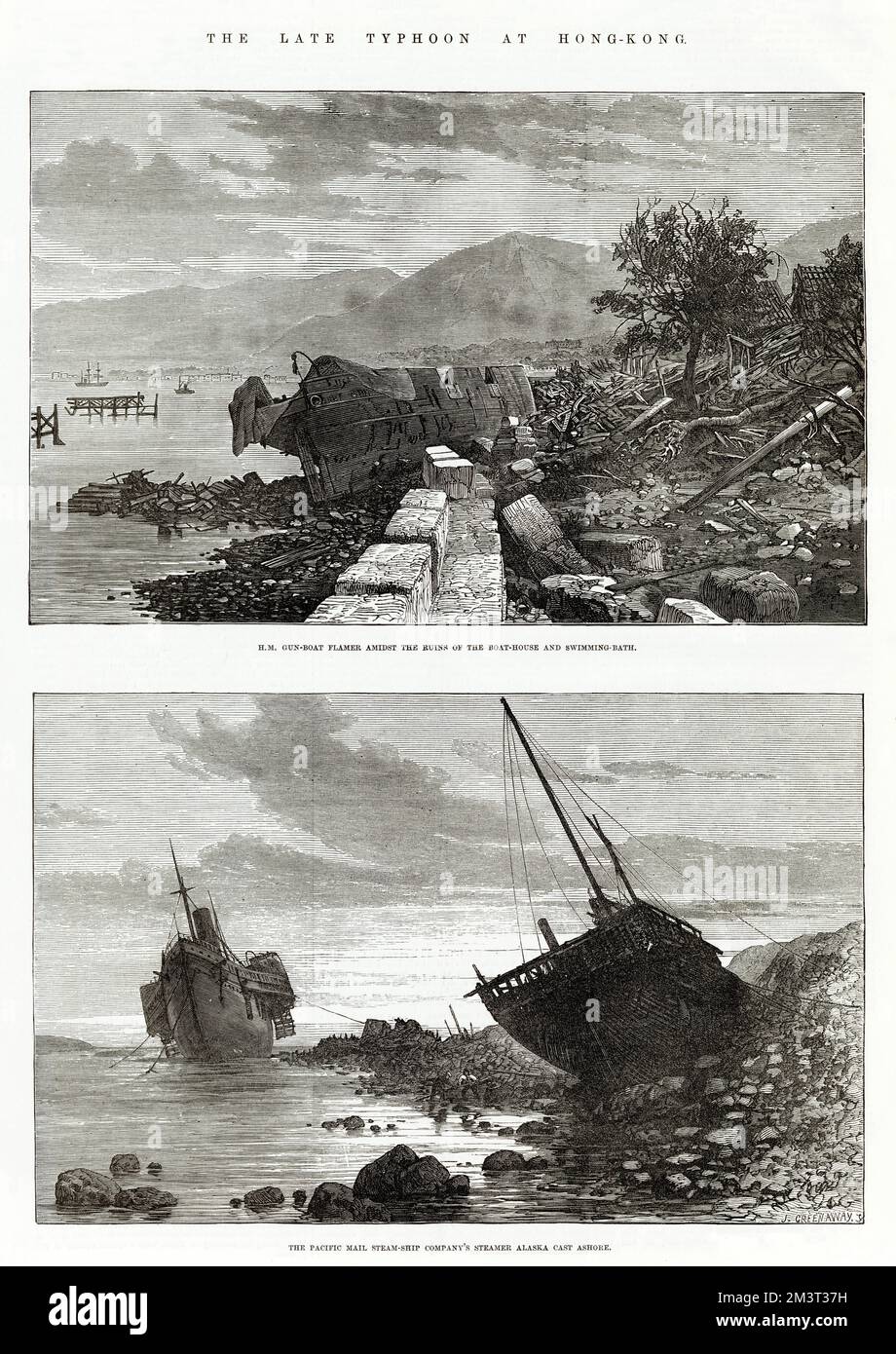 Page from the Illustrated London News depicting scenes in Hong Kong following a typhoon. Top picture shows H. M. gun-boat Flamer amidst the ruins of the boat-house and swimming-bath. Bottom picture shows the Pacific Mail steam-ship, Alaska cast ashore. Stock Photo