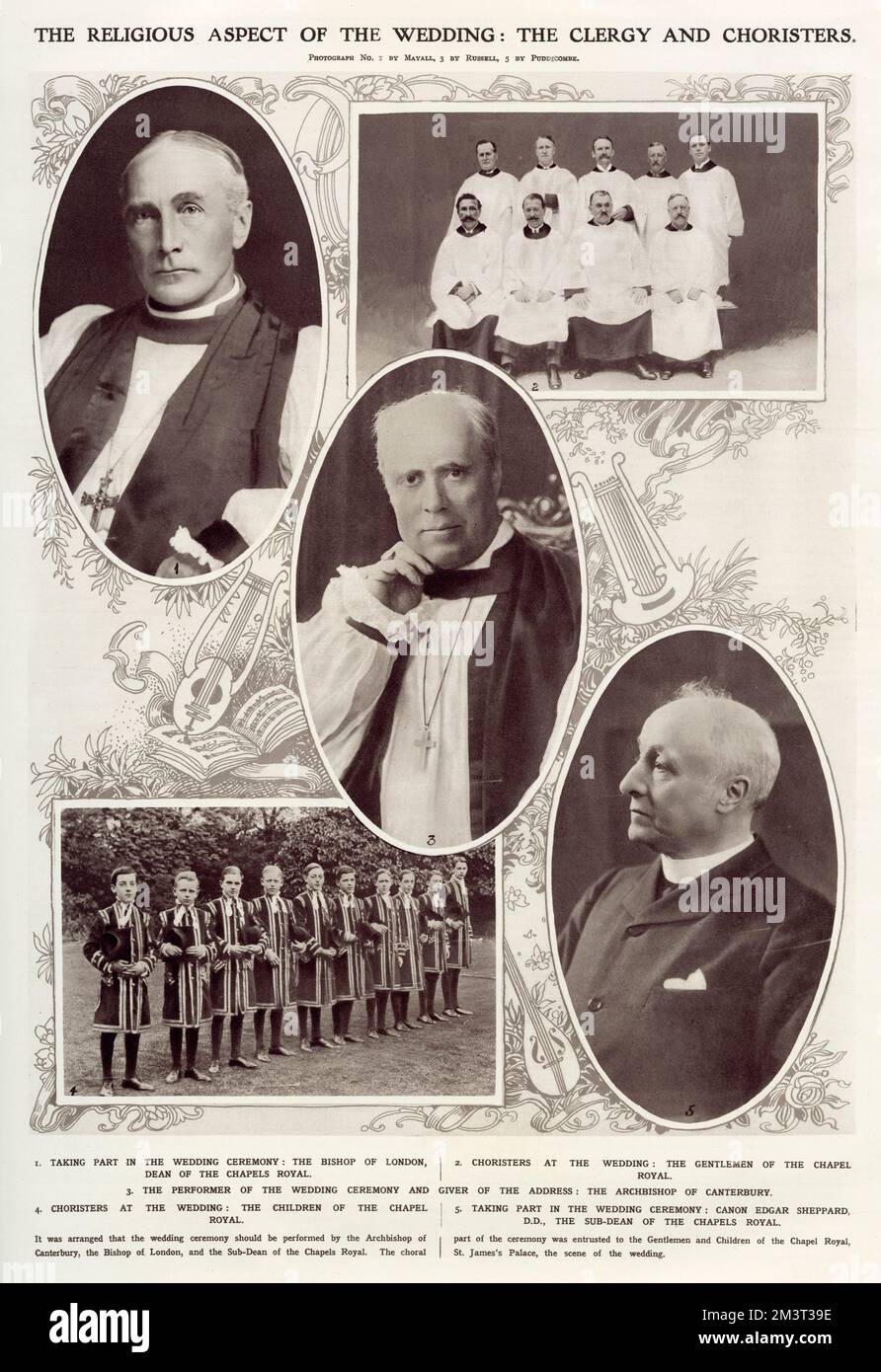 The religious aspect of the royal wedding of 1913 between Prince Alexander of Teck and Princess Alexandra, Duchess of Fife. Top left, the Bishop of London, taking part in the ceremony as Dean of the Chapels Royal. Top right, choristers at the wedding - the gentlemen of the Chapel Royal, centre, The Archbishop of Canterbury, bottom left, choristers at the wedding, the children of the Chapel Royal and bottom right, Canon Edgar Sheppard, the Sub-Dean of the Chapels Royal. Stock Photo