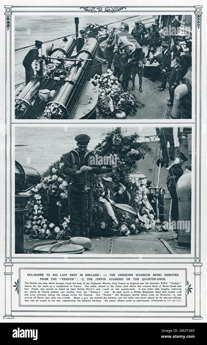 The British war-ship H.M.S Verdun,in which the Unknown Soldier's body was brought back from France to England. At each corner a British Bluejacket stood with bowed head and arms reversed, during the voyage across the Channel.      Date: November 1920 Stock Photo