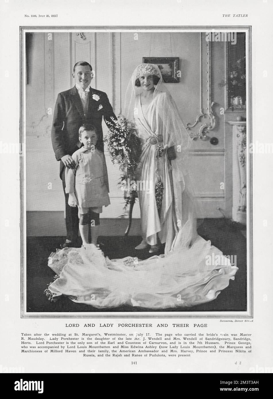 Henry Herbert, Lord Porchester, later 6th Earl of Carnarvon and his (first) wife, Catherine Wendell, pictured with their page, Master R. Maudsley on their wedding day, 17 July 1922. Stock Photo