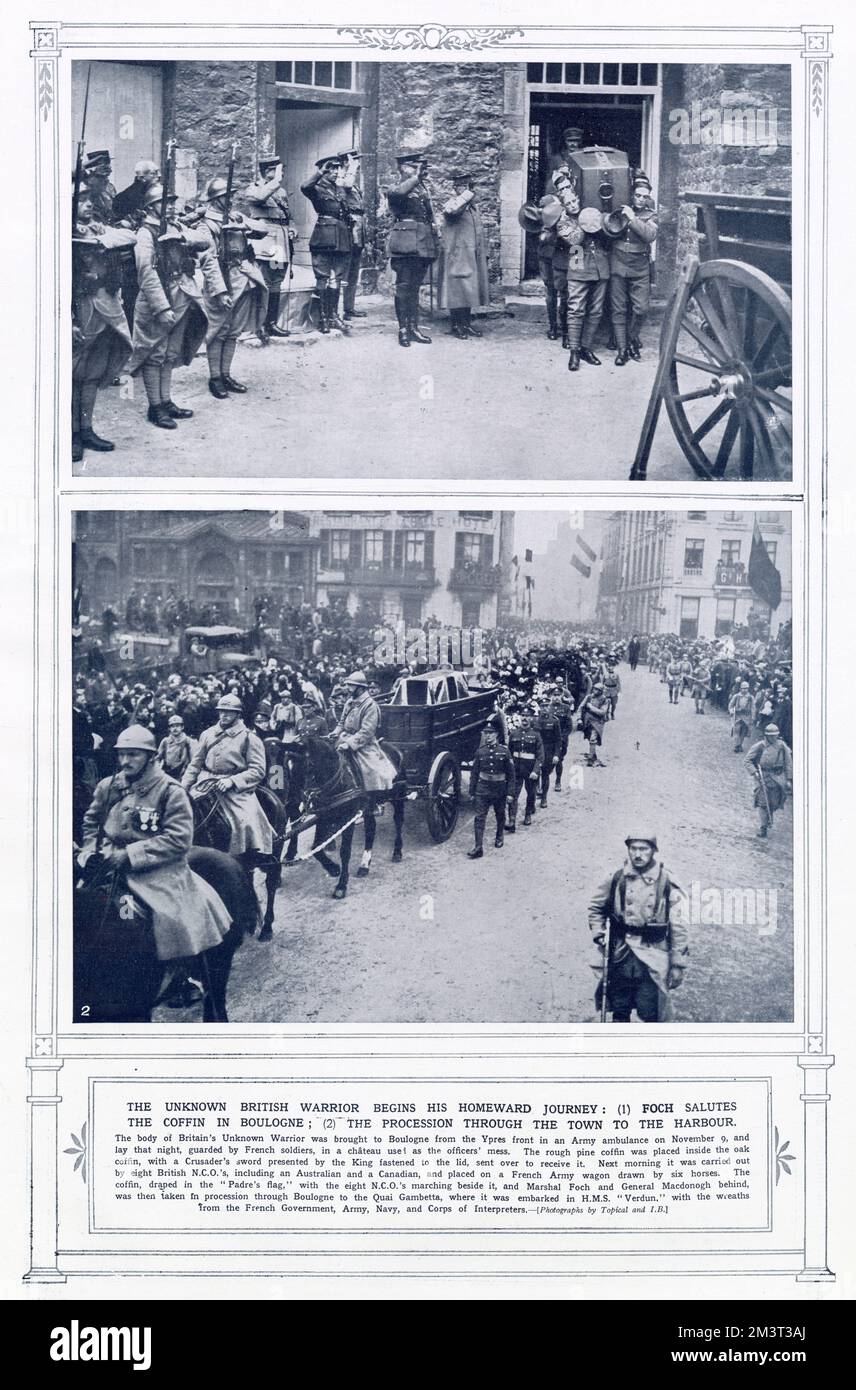 Photographs showing Unknown Soldier on the last journey. (Top photograph)- Marshall Foch Salutes the coffin in Boulogne, France, from Ypres. (Bottom photograph)- The coffin covered with the Union Jack flag in a French Army wagon goes through the streets of Boulogne town to the harbour to embank for Dover.       Date: 10th November 1920 Stock Photo