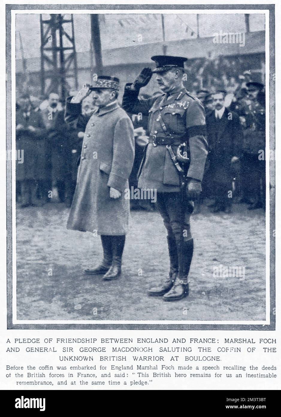 A Pledge of friendship between England and France, Marshall Foch and General Sir George Macdonogh saluting the coffin of the British Unknown Soldier at Boulogne, France.      Date: 10th November 1920 Stock Photo