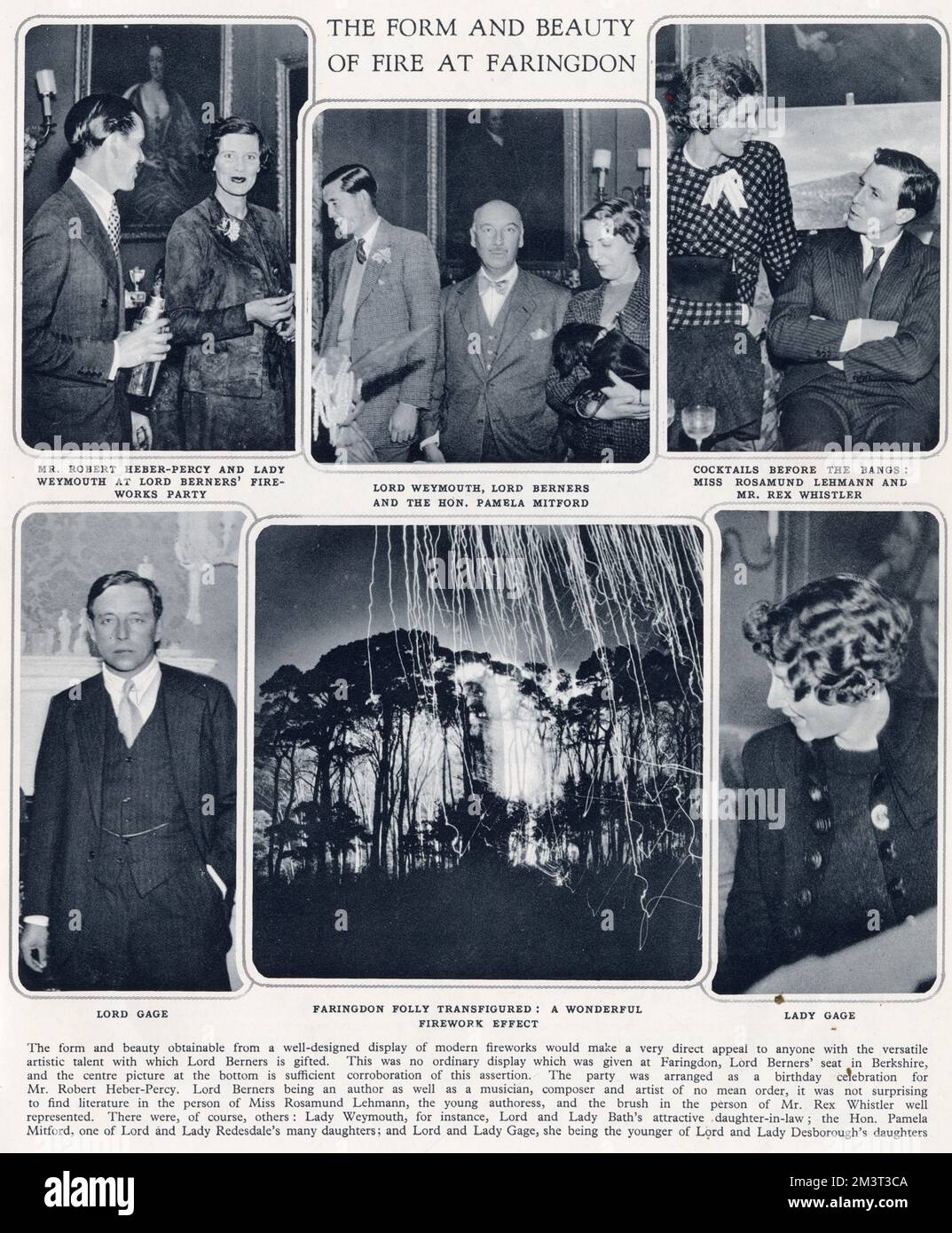 Smart society hosted by Lord Berners to see a firework display set against Faringdon Folly at his seat in Berkshire. Guests include Lord and Lady Gage, Lady Weymouth, Pamela Mitford, Rosamund Lehmann, Rex Whistler and Robert Heber-Percy, in whose honour Lord Berners was holding a birthday party.       Date: 1936 Stock Photo