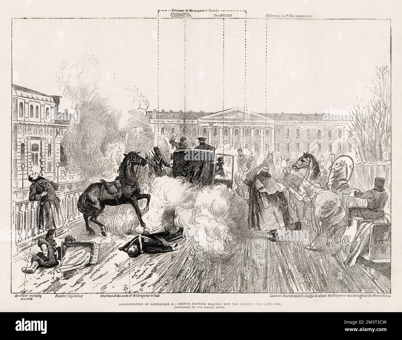 Assassination of Alexander II: sketch showing exactly how the emperor was attacked. Alexander II, Emperor of Russia, assassinated in Saint Petersburg on 13th March 1881. Stock Photo