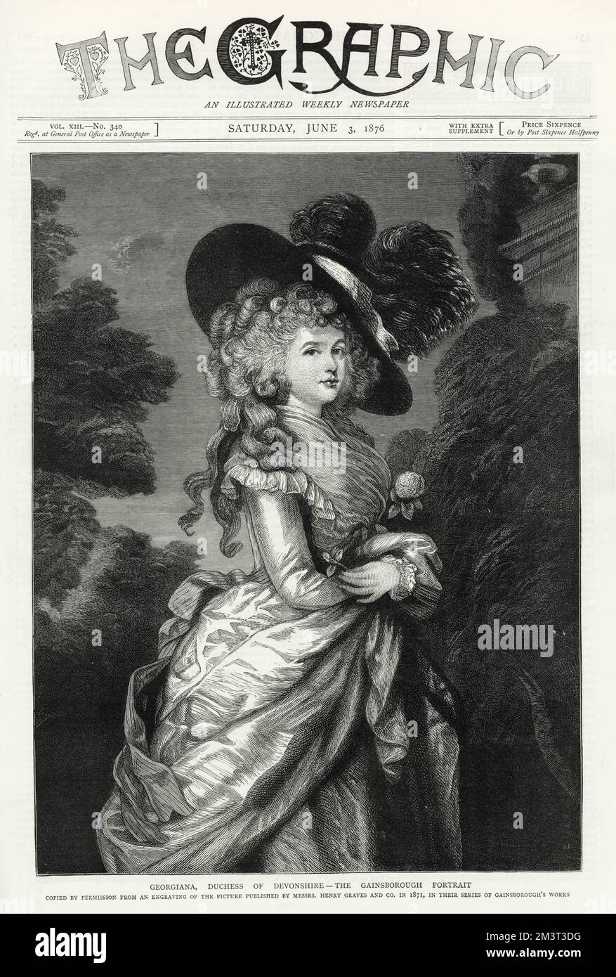 Engraving of Thomas Gainsborough's portrait of Georgiana, Duchess of Devonshire, pictured on the cover of The Graphic in 1876 when the painting was up for auction at Christie's during the sale of the collection of art dealer Wynn (or Wynne) Ellis. The engraving was copied with permission from one published by Henry Graves & Co in 1871.     Date: 1787 Stock Photo