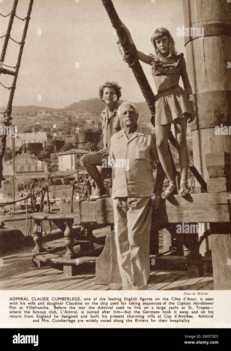 Rear Admiral Claude Lionel Cumberlege (1877 - 1962), with wife Nora and daughter Claudine on the Cote d’Azur, French Riviera, France, on board the ship used for taking sequences of the Captain Hornblower film at Villefranche. Stock Photo