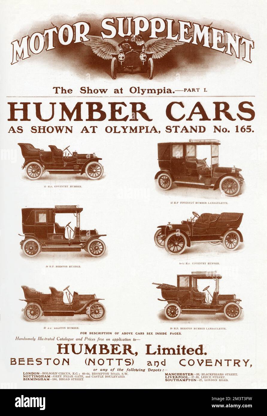Advertisement for Humber Cars showing at the Olympia show, London, Stock Photo