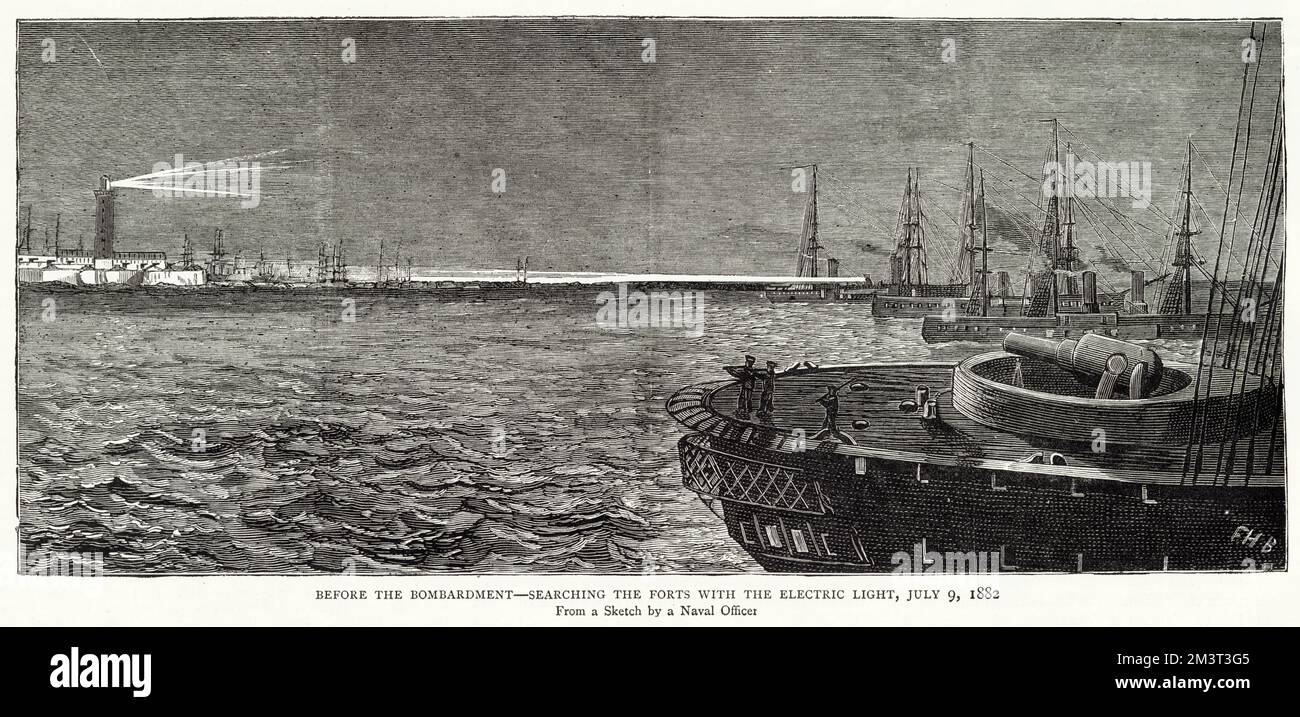 Before the bombardment of Alexandria, searching the forts with the electric light     Date: 9th July 1882 Stock Photo