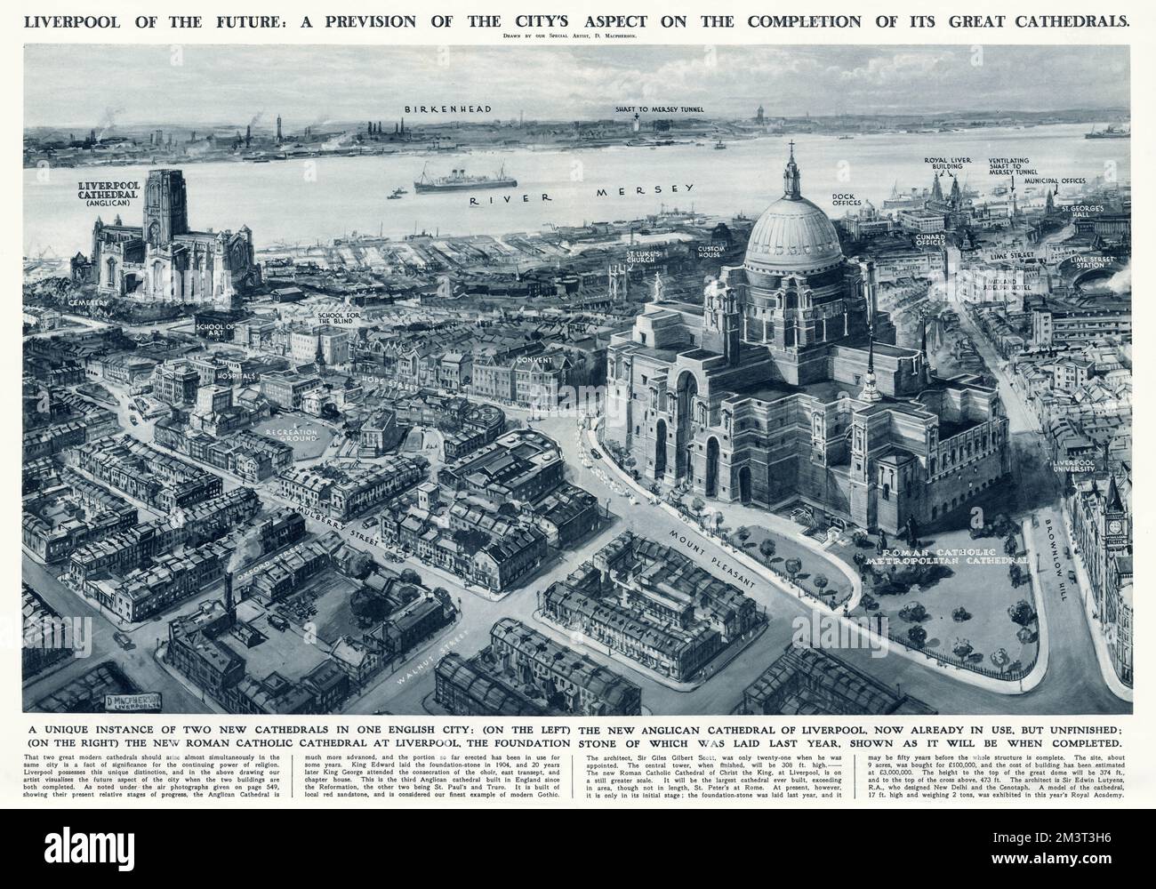 Liverpool of the future - a prevision of the city's aspect on the completion of its great cathedrals - the Anglican Cathedral (left) and the Roman Catholic Metropolitan Cathedral (right). Stock Photo