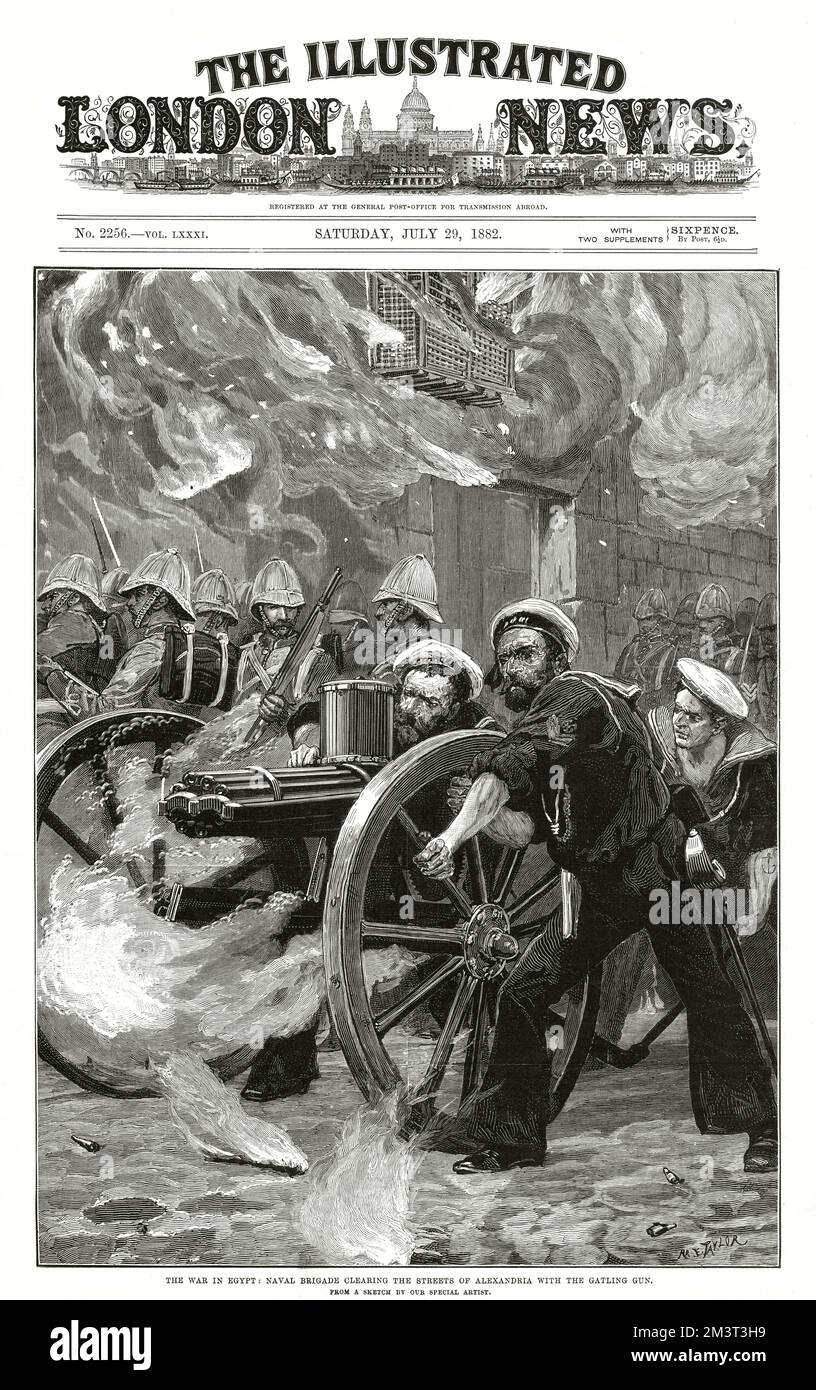 The war in Egypt - The naval brigade clearing the streets of Alexandria, Egypt with a gatling gun.     Date: 1882 Stock Photo