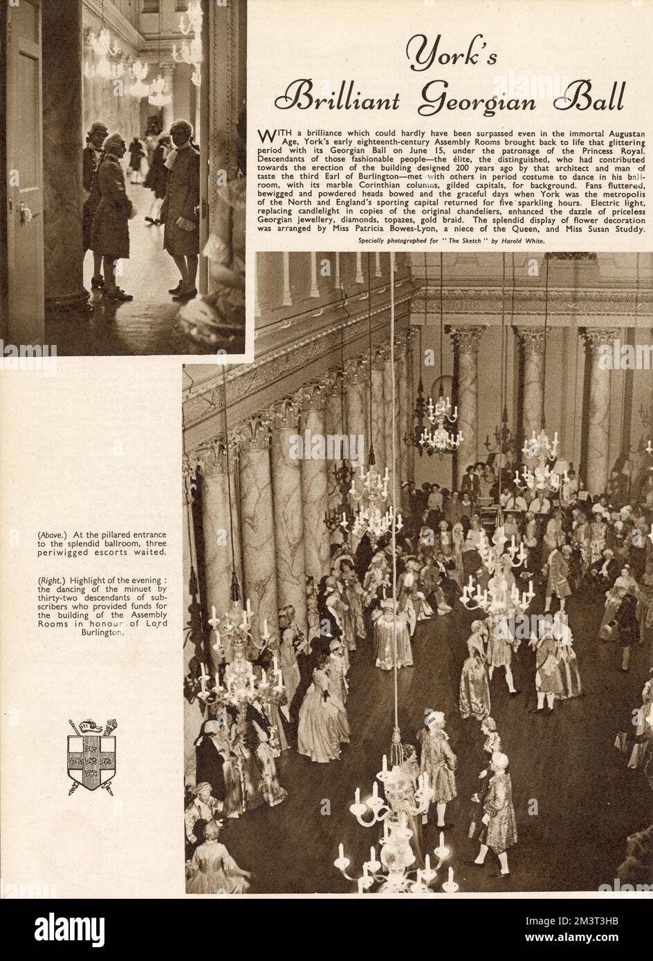 Page from The Sketch reporting on the Georgian Ball held at York. Main photograph shows the dancing of a minuet by 32 descendants of subscribers who provided funds for the building of the Assembly Rooms in honour of Lord Burlington. Stock Photo