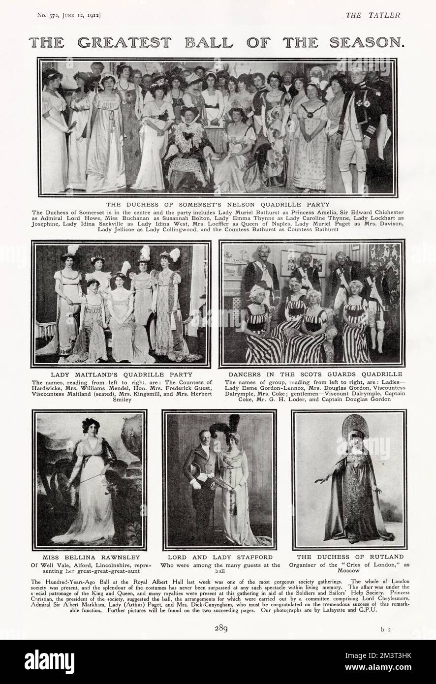 Groups at the Hundred Years Ago Ball, held at the Royal Albert Hall in June 1912. Pictured are the Duchess of Somerset's Quadrille Party, Lady Maitland's and the Scots Guards Quadrille Parties. Bottom right is the Duchess of Rutland as Russia. Stock Photo