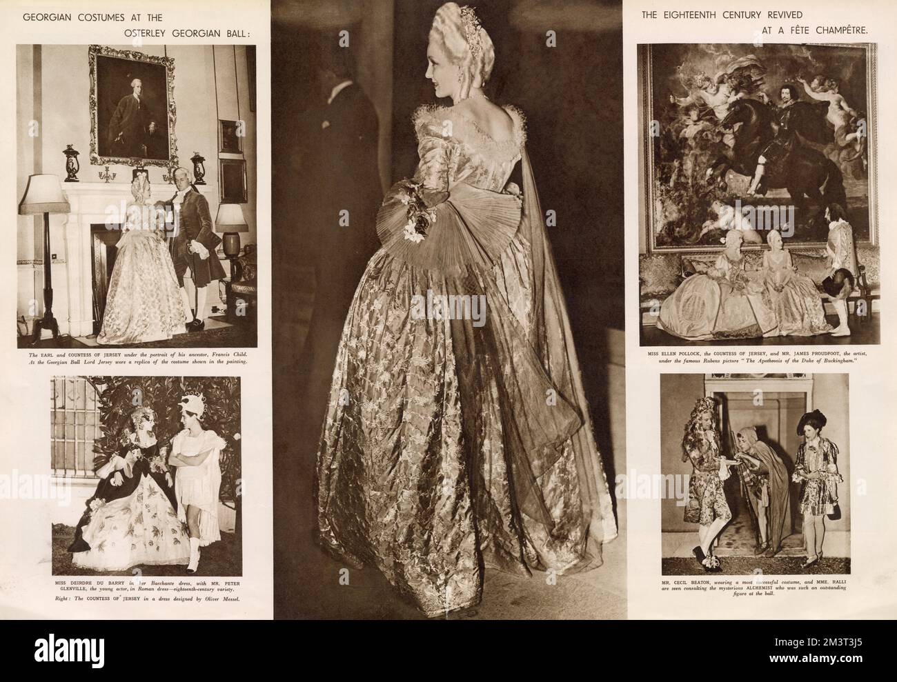 Two page spread from The Sketch reporting on the Georgian Ball and Fete Champetre at Osterley Park in July 1939. Main photograph shows the Countess of Jersey wearing a gown designed by Oliver Messel, while bottom right photograph shows Cecil Beaton in a magnificent wig with Mme. Ralli both of whom are consulting a mysterious alchemist. Stock Photo