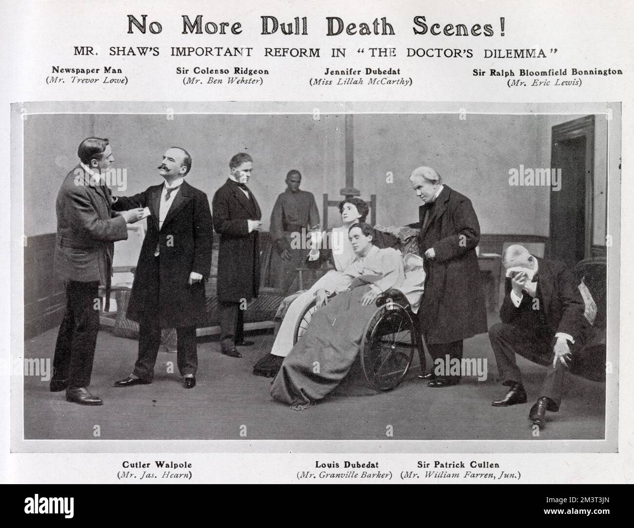 No More Dull Death Scenes! A scene from 'The Doctor's Dilemma' by George Bernard Shaw starring Ben Webster, Lillah McCarthy and Granville Barker. Here, Louis Dubedat, played by Barker announces that his plans for the next Season is to die. Stock Photo