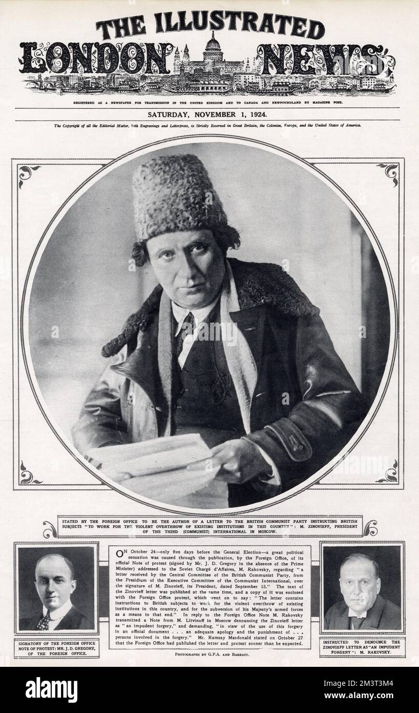 Front cover of the Illustrated London News, 1st November 1924, featuring M. Zinovieff [Zinoviev], President of the Third (Communist) International in Moscow, stated by the foreign office to be the author of a letter to the British Communist Party instructing British subjects 'to work for the violent overthrow of existing institutions in this country'. Also featured are John Duncan Gregory of the foreign office, signatory of the note of protest, and Christian Rakovsky, instructed to denounce the Zinoviev letter as 'an impudent forgery'. Stock Photo