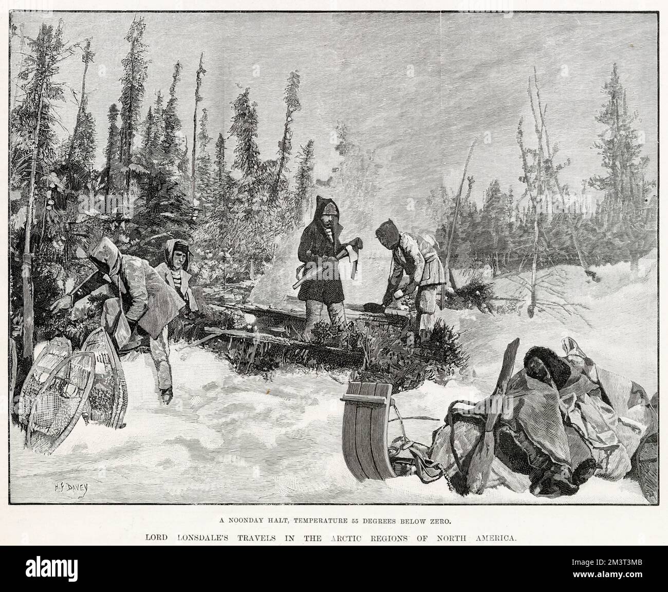 A noonday halt - a 55 degrees below zero. Scene during his expedition in 1889 through North West North America, from the North Saskatchewan River to the shores of the Arctic Ocean across Alaska to the North Pacific. Stock Photo