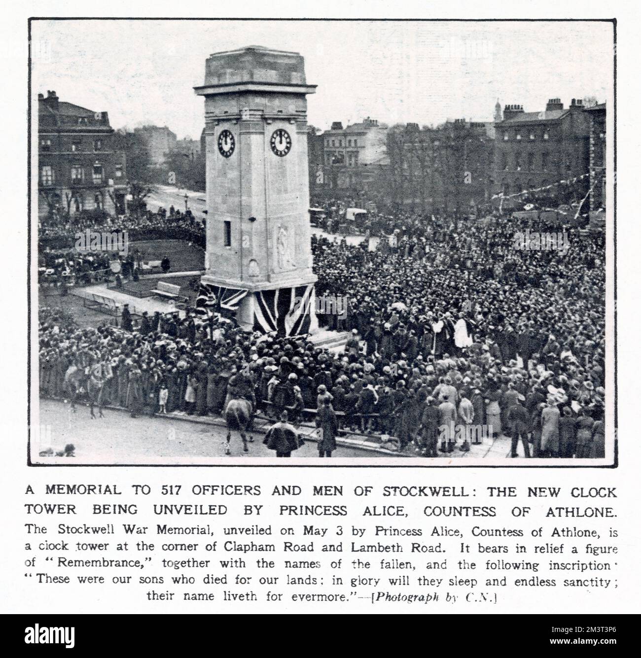A clock tower - built as a memorial to the 517 officers and men killed in the First World War - opened in Stockwell, south London by Princess Alice, Countess of Athlone. Stock Photo