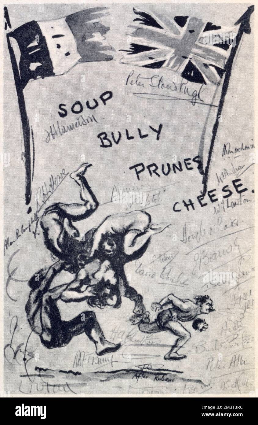 Menu card for an Anglo-French dinner held at Oflag IVc POW camp, otherwise known as Colditz. Stock Photo