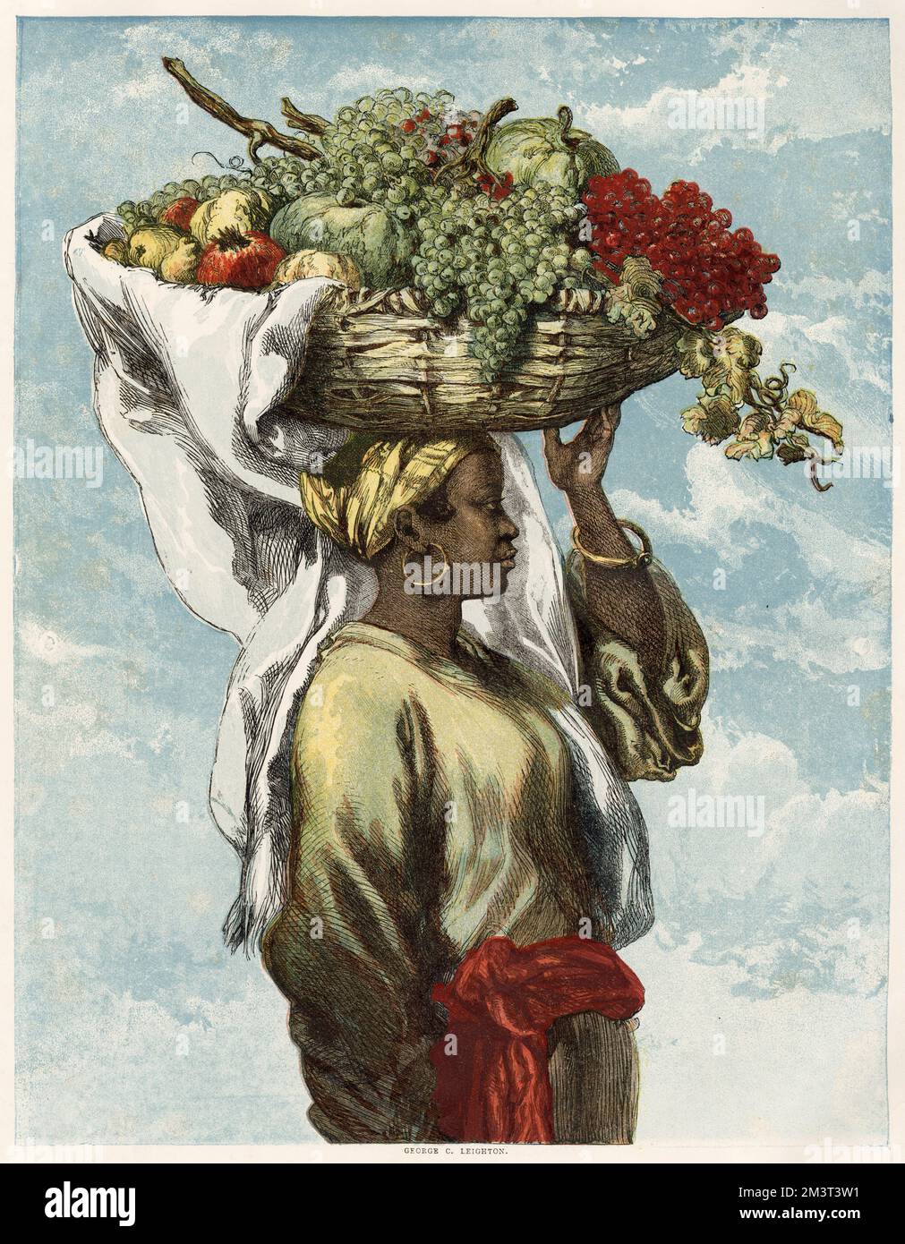 Coloured engraving of a Brazilian woman carrying baskets of fruit at a market in Rio.      Date: 1856 Stock Photo