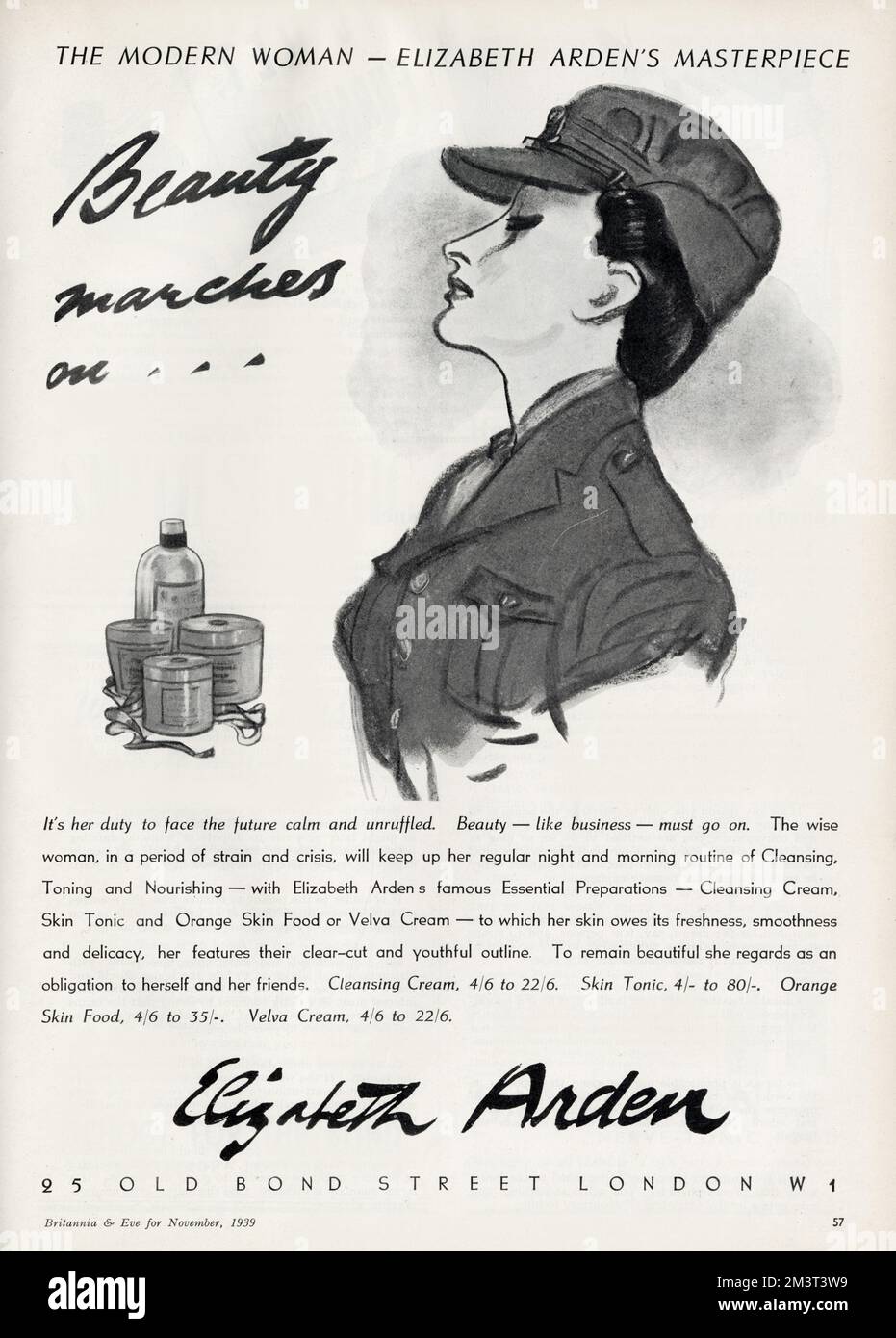 Beauty marches on...  WWII era advertisement for Elizabeth Arden featuring a woman smartly dressed in uniform. 'It's her duty to face the future calm and unruffled. Beauty - like business - must go on.' Stock Photo