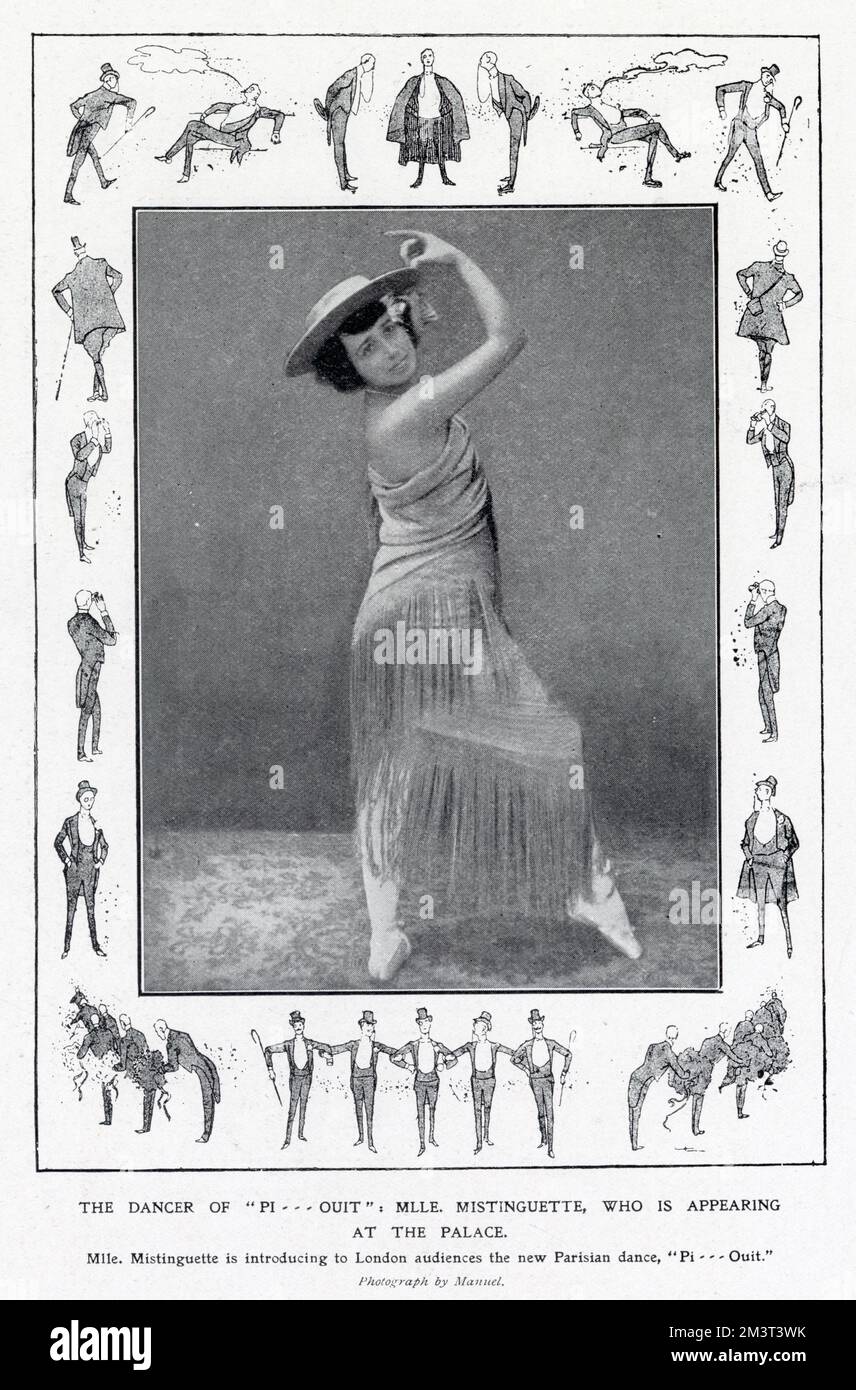 Famous French dancer and entertainer Mistinguett seen in costume during her first performances in London at the Palace Theatre, where she demonstrated the Parisian dance of the 'Pi........Ouit'. Stock Photo