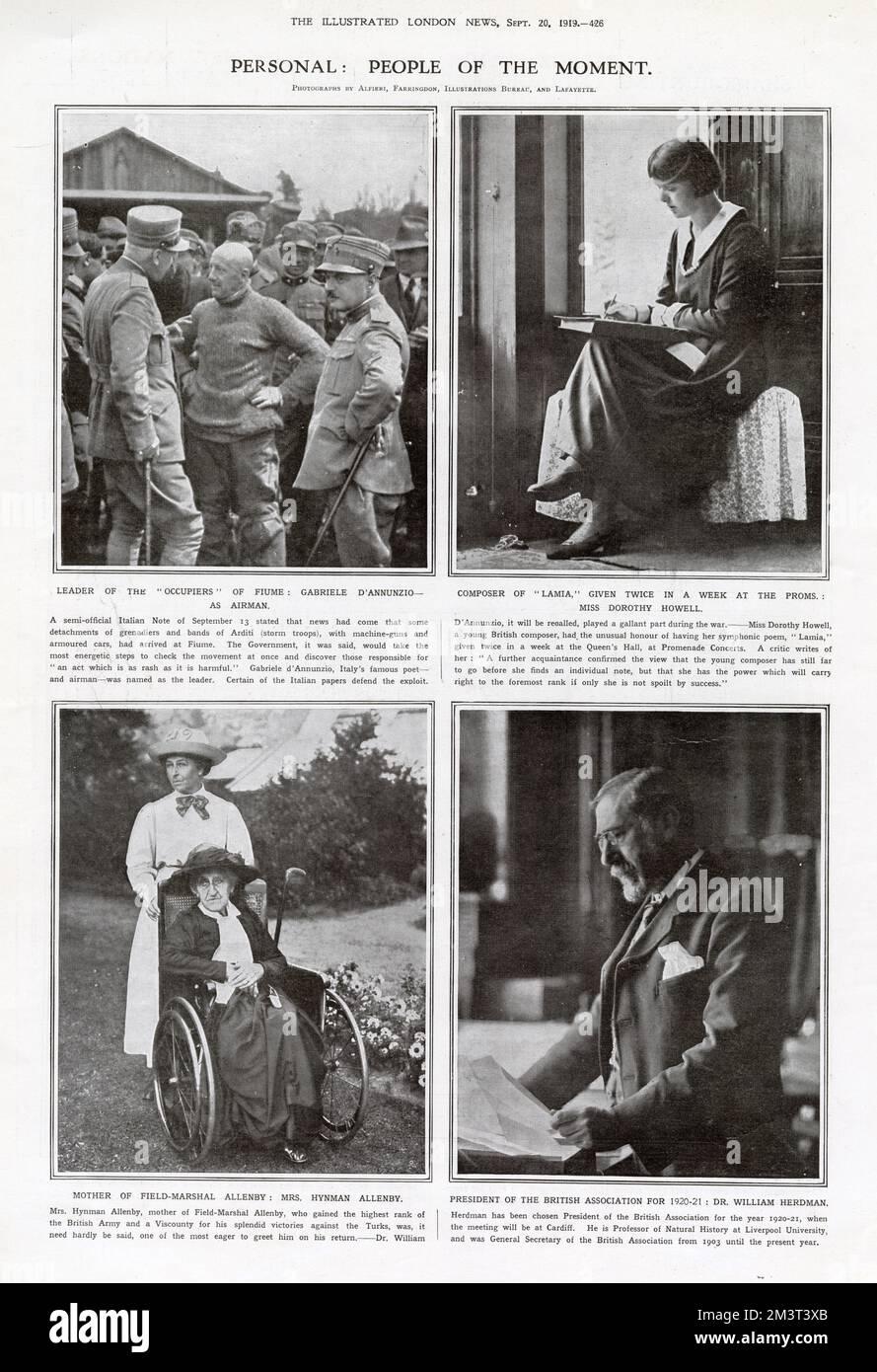 People of the Moment. Clockwise from top left: Leader of the 'occupiers' of Fiume, Gabriele D'Annunzio; composer of 'Lamia', played at the Proms, Miss Dorothy Howell; President of the Royal Association for 1920-21, Dr William Herdman; mother of Field-Marshal Allenby, Mrs Hynman Allenby. Stock Photo